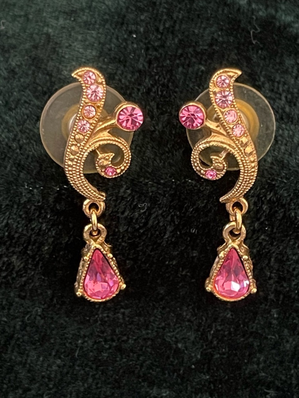 Vintage Gold-Tone Pink Crystal Teardrop Earrings